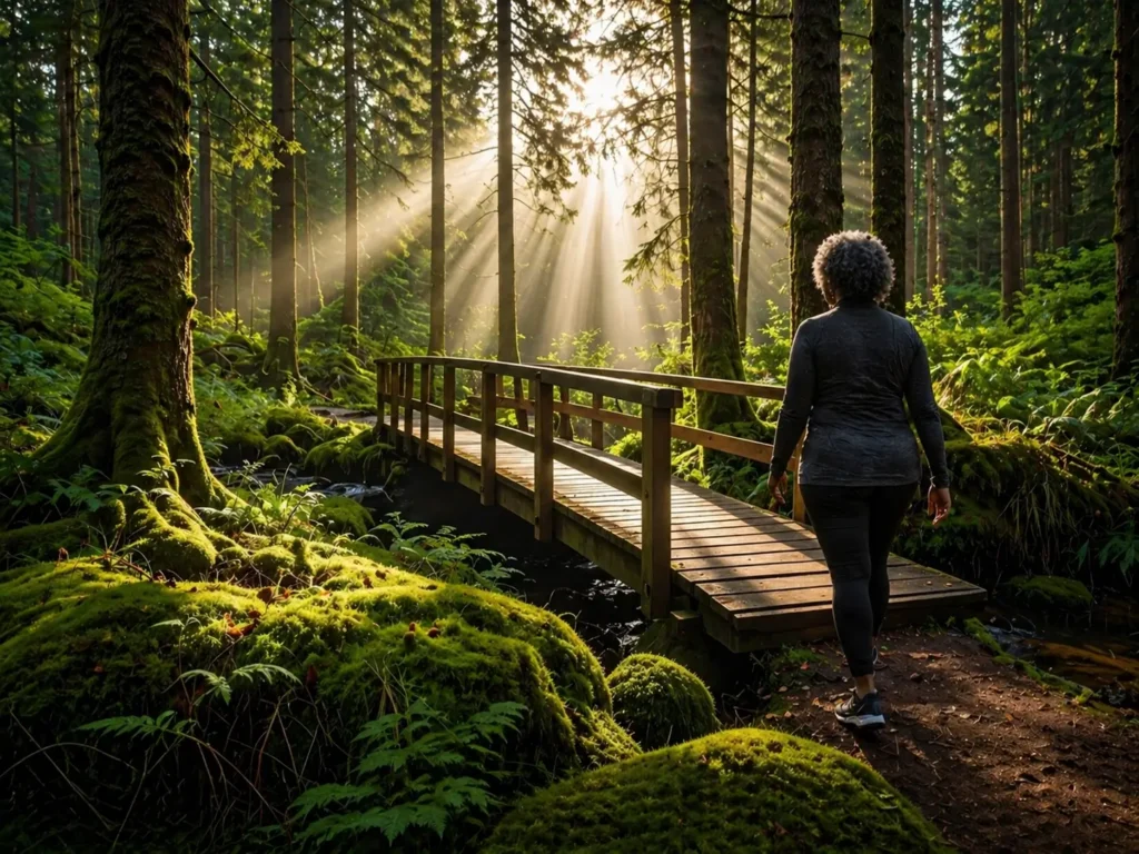 Wooden bridge crossing through a lush green forest representing community, transition, and meaningful connection.