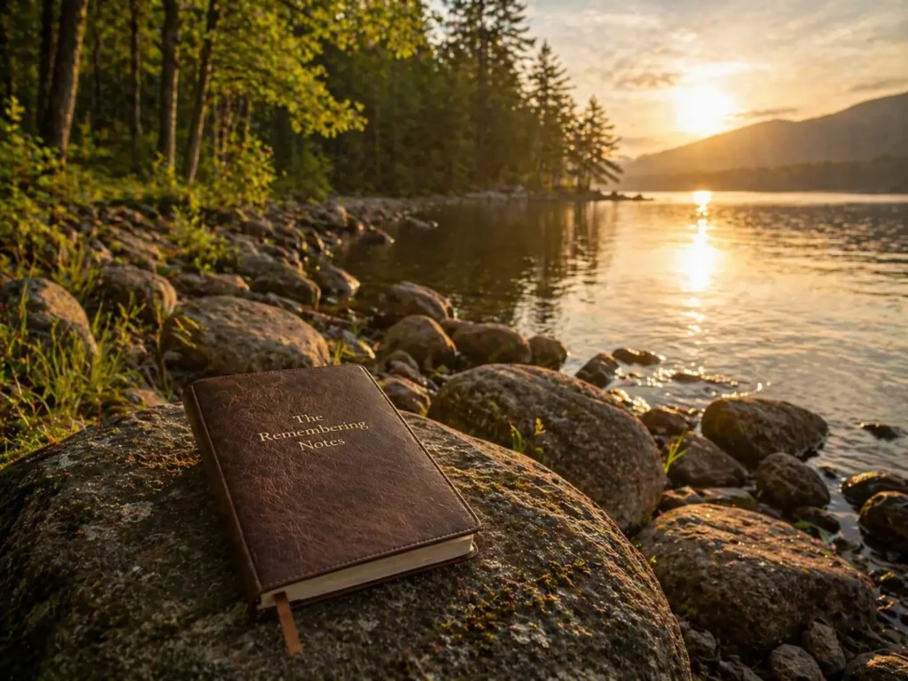 Journal resting beside a peaceful lakeshore at sunset, symbolizing reflection, memory, and intentional midlife journaling.