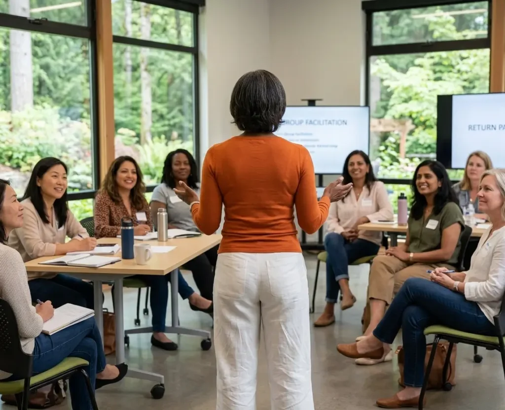 Leadership facilitator Yvonne guiding a group discussion with professionals during a team workshop