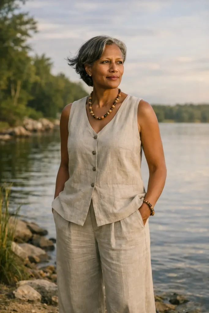 Portrait of Yvonne (Speaker) standing beside a lake wearing neutral linen clothing in a calm natural setting