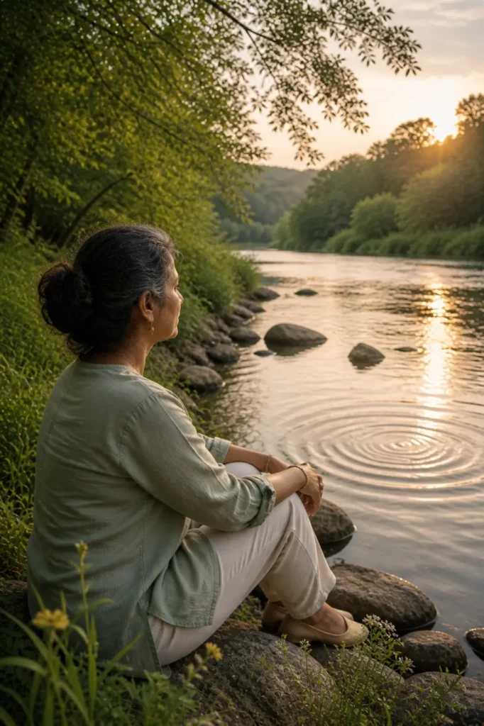 Midlife woman sitting beside a calm river at sunset, reflecting quietly in nature during a moment of personal restoration.