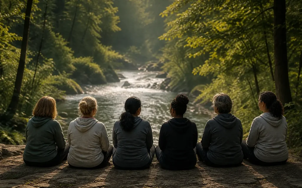 Facilitated embodied leadership retreat with participants gathered outdoors in a reflective setting