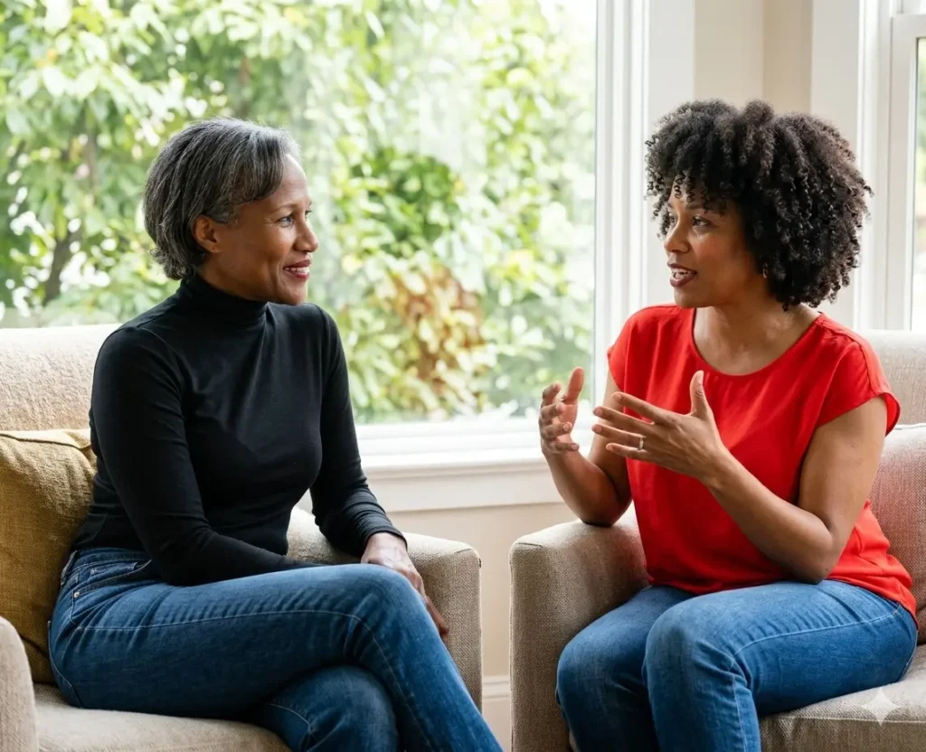Yvonne engaged in conversation with a client during impact session