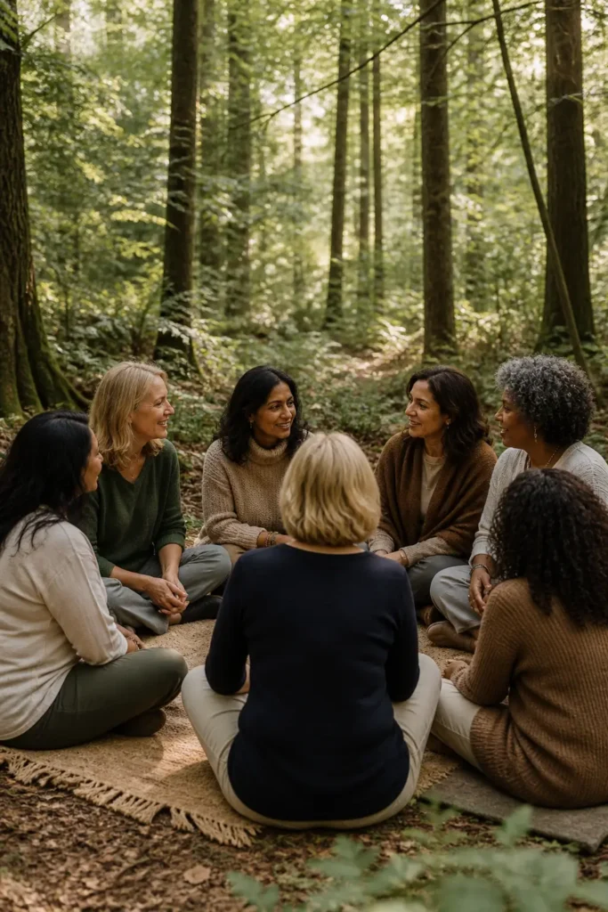 Women seated together outdoors in a forest community gathering focused on conversation, support, and meaningful connection.