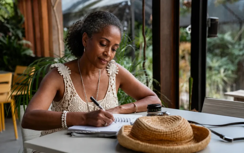 Woman writing thoughtfully in a journal beside natural elements, representing reflection, healing, and self-discovery during midlife.