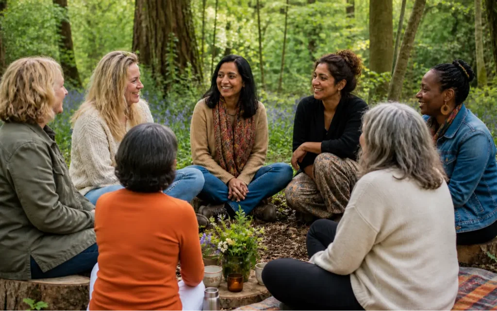 Women sitting together outdoors during a mindful group gathering focused on storytelling, growth, and support.